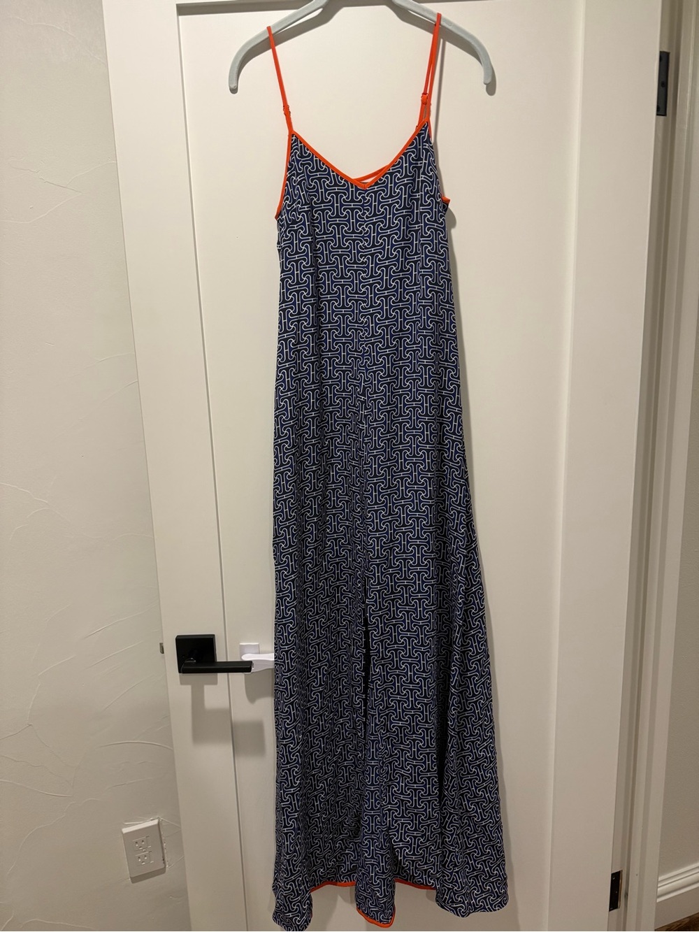 Trina Turk Navy & White Geometric Maxi Dress with Orange Trim